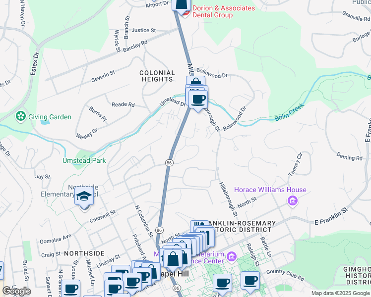 map of restaurants, bars, coffee shops, grocery stores, and more near 710 Martin Luther King Junior Boulevard in Chapel Hill
