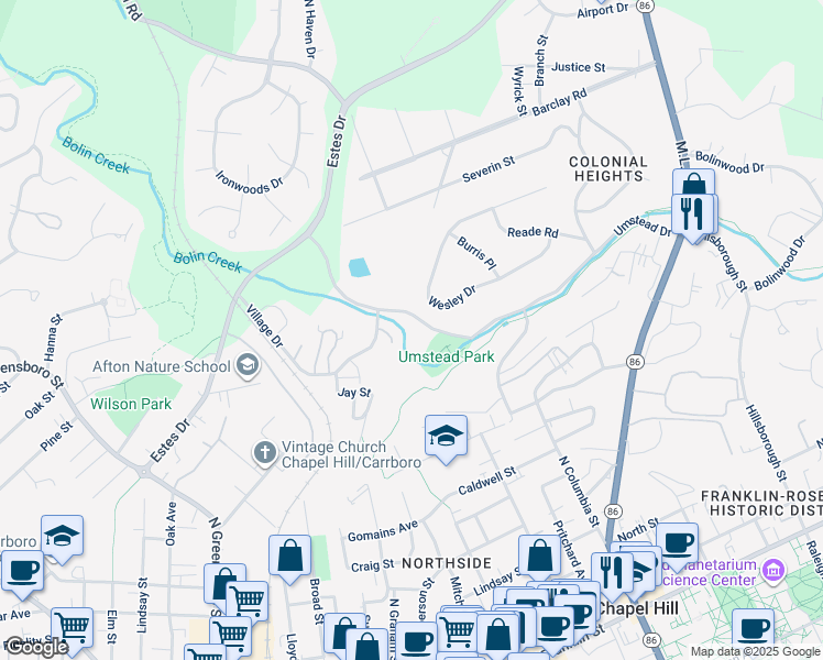 map of restaurants, bars, coffee shops, grocery stores, and more near 373 Umstead Drive in Chapel Hill