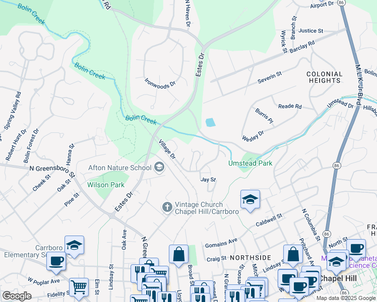 map of restaurants, bars, coffee shops, grocery stores, and more near 172 Ridge Trail in Chapel Hill
