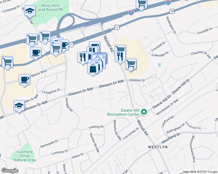 map of restaurants, bars, coffee shops, grocery stores, and more near 7700 Gleason Drive in Knoxville