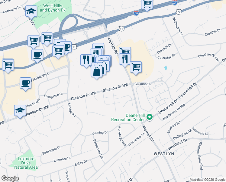 map of restaurants, bars, coffee shops, grocery stores, and more near 7700 Gleason Drive in Knoxville