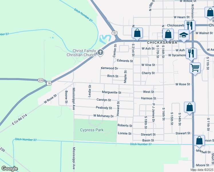 map of restaurants, bars, coffee shops, grocery stores, and more near 2227 West Rose Street in Blytheville