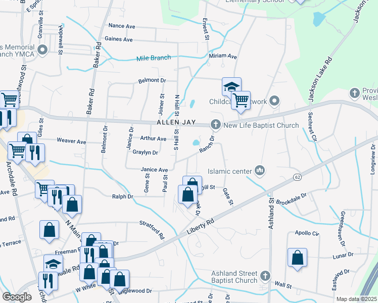 map of restaurants, bars, coffee shops, grocery stores, and more near 224 Ranch Drive in Archdale