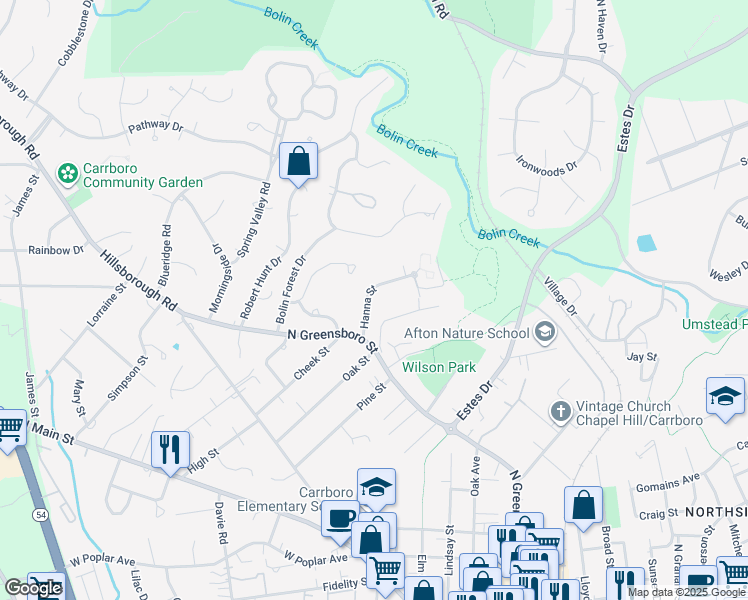 map of restaurants, bars, coffee shops, grocery stores, and more near 110 Hanna St in Carrboro
