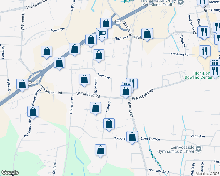 map of restaurants, bars, coffee shops, grocery stores, and more near 2112 Shore Street in Archdale