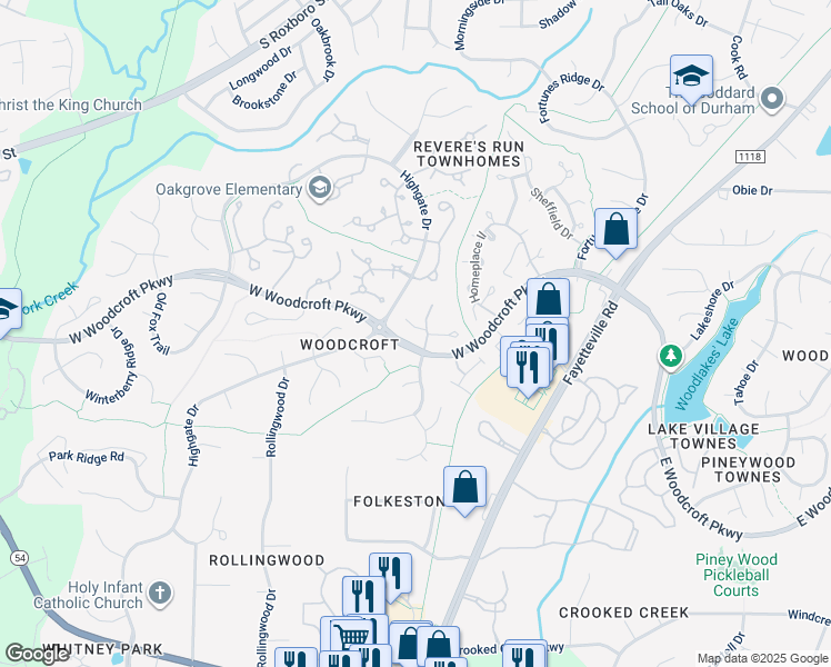 map of restaurants, bars, coffee shops, grocery stores, and more near 500 West Woodcroft Parkway in Durham