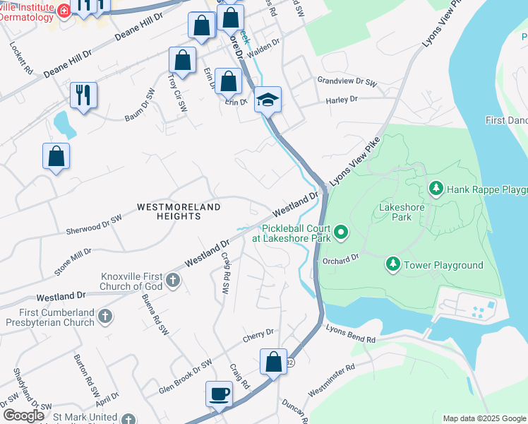 map of restaurants, bars, coffee shops, grocery stores, and more near 6402 Sherwood Drive Southwest in Knoxville