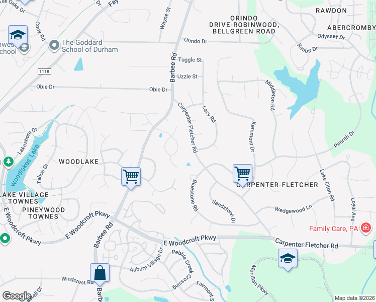 map of restaurants, bars, coffee shops, grocery stores, and more near 714 Carpenter Fletcher Road in Durham