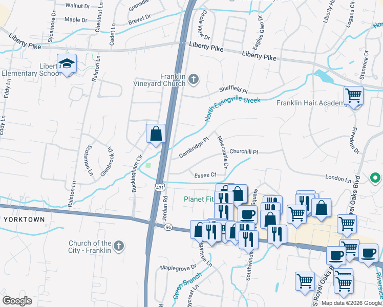 map of restaurants, bars, coffee shops, grocery stores, and more near 106 Cambridge Place in Franklin