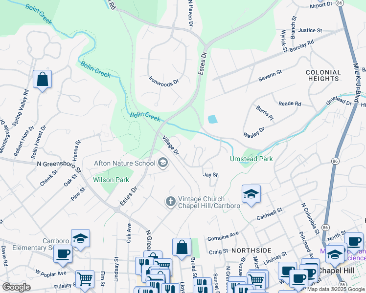 map of restaurants, bars, coffee shops, grocery stores, and more near 408 Fairoaks Circle in Chapel Hill