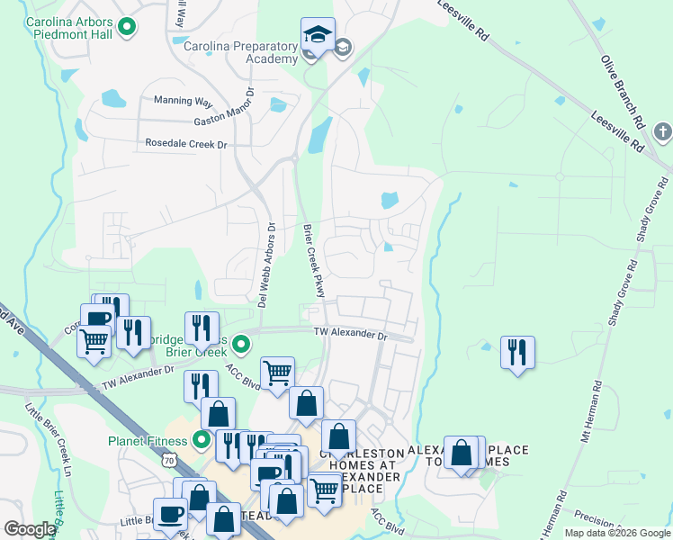 map of restaurants, bars, coffee shops, grocery stores, and more near 407 Shale Creek Drive in Durham