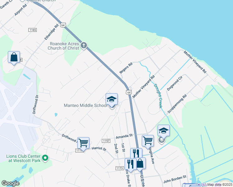 map of restaurants, bars, coffee shops, grocery stores, and more near 111 Juniper Street in Manteo
