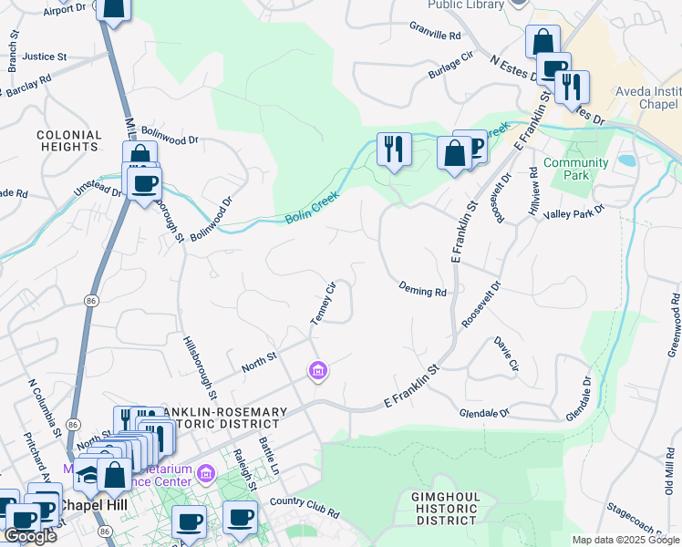 map of restaurants, bars, coffee shops, grocery stores, and more near 345 Tenney Circle in Chapel Hill