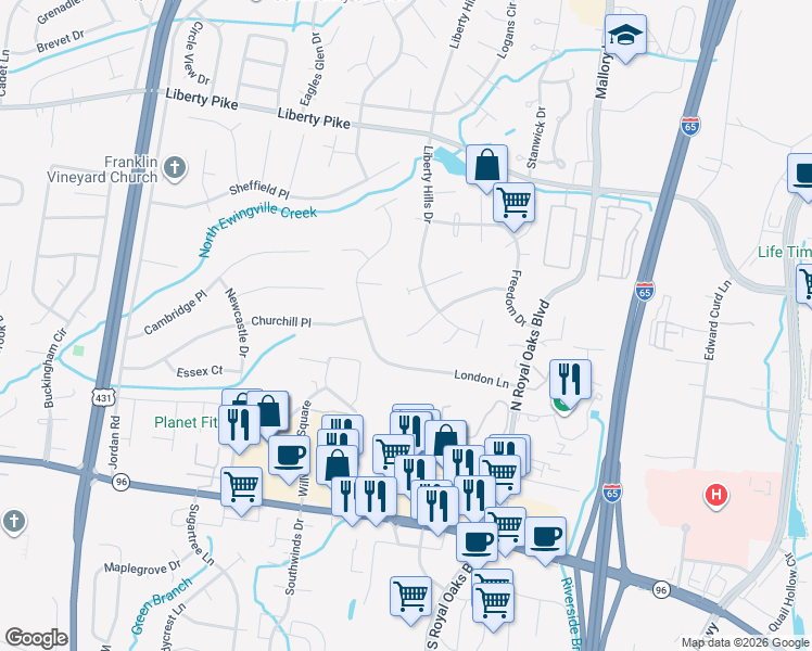 map of restaurants, bars, coffee shops, grocery stores, and more near 816 West Benjamin Court in Franklin