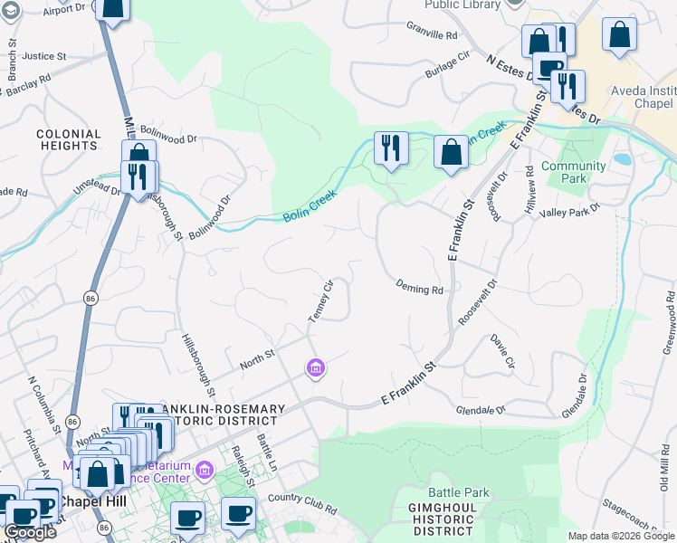 map of restaurants, bars, coffee shops, grocery stores, and more near 345 Tenney Circle in Chapel Hill