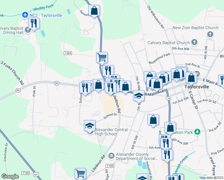 map of restaurants, bars, coffee shops, grocery stores, and more near 629 West Main Avenue in Township of Taylorsville