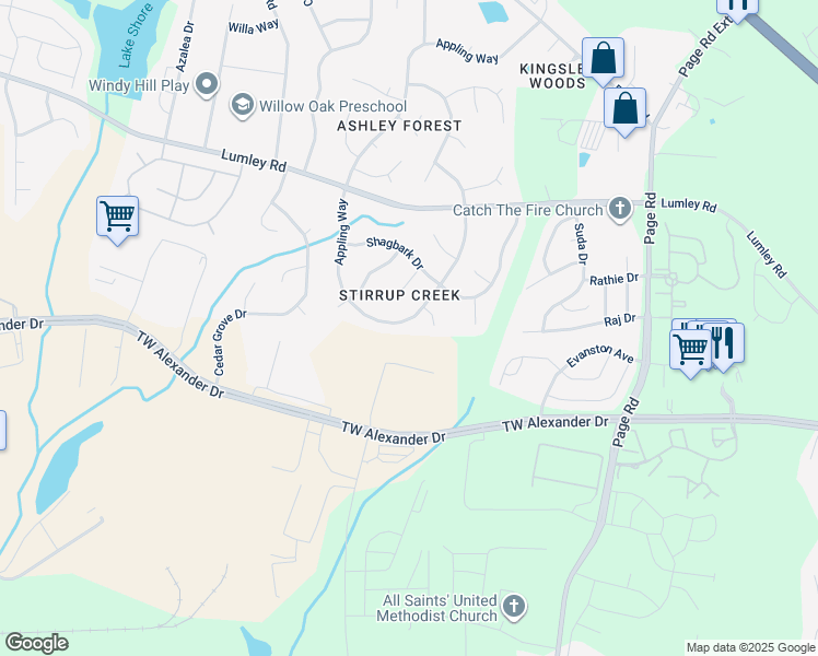 map of restaurants, bars, coffee shops, grocery stores, and more near 2923 Appling Way in Durham