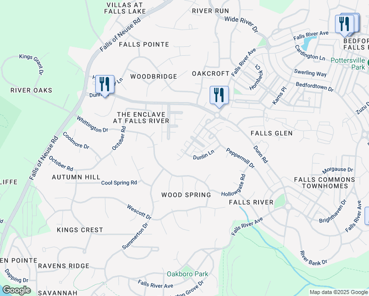 map of restaurants, bars, coffee shops, grocery stores, and more near 2302 Dunlin Lane in Raleigh