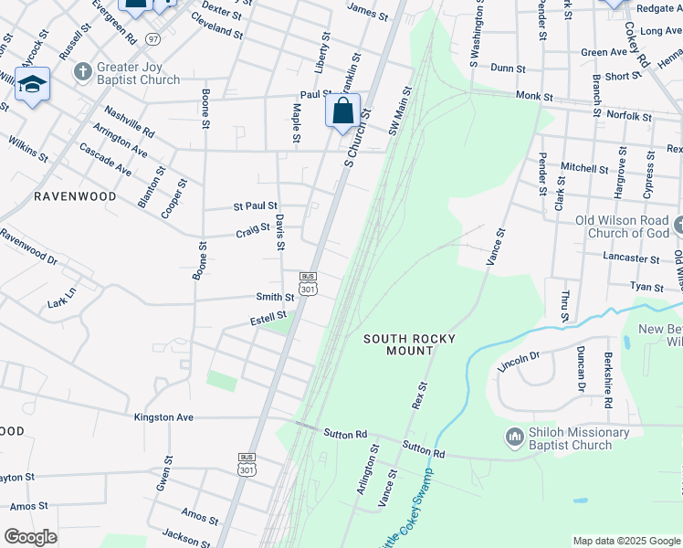 map of restaurants, bars, coffee shops, grocery stores, and more near 100 Burnette Street in Rocky Mount