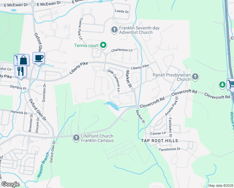 map of restaurants, bars, coffee shops, grocery stores, and more near 1166 Olde Cameron Lane in Franklin