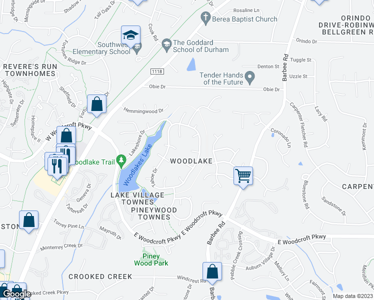 map of restaurants, bars, coffee shops, grocery stores, and more near 9 Drysdale Court in Durham