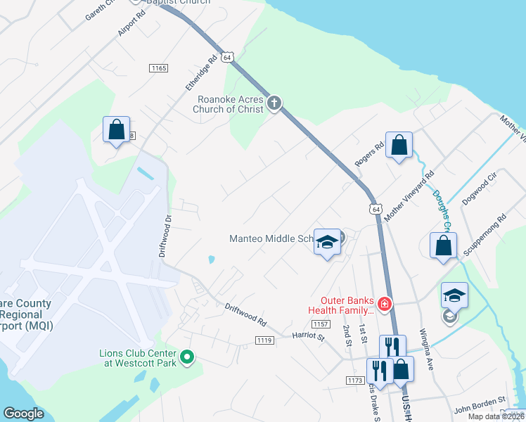 map of restaurants, bars, coffee shops, grocery stores, and more near 106 1st Colony Court in Manteo