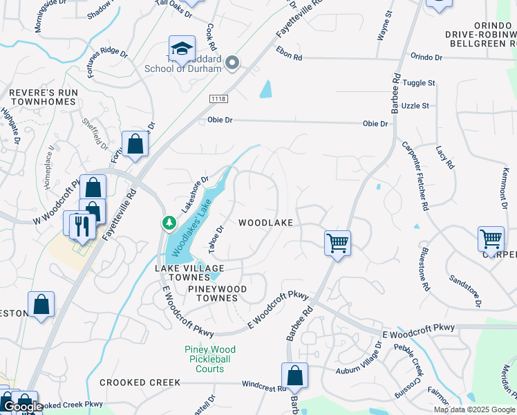 map of restaurants, bars, coffee shops, grocery stores, and more near 9 Drysdale Court in Durham
