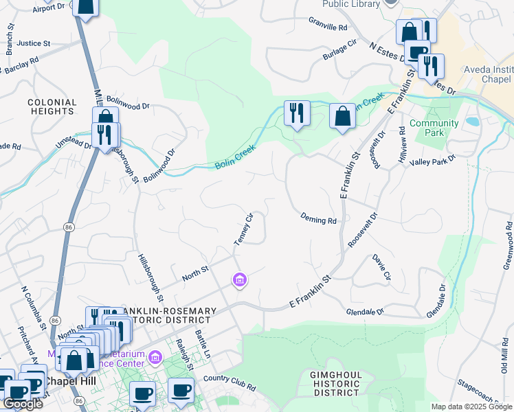 map of restaurants, bars, coffee shops, grocery stores, and more near 345 Tenney Circle in Chapel Hill