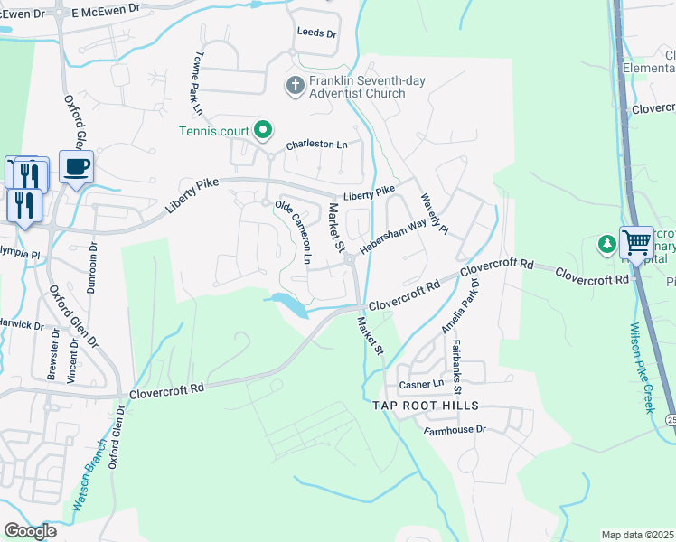 map of restaurants, bars, coffee shops, grocery stores, and more near 1209 Habersham Way in Franklin