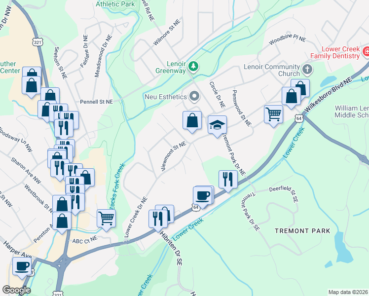 map of restaurants, bars, coffee shops, grocery stores, and more near 533 Lower Creek Drive Northeast in Lenoir