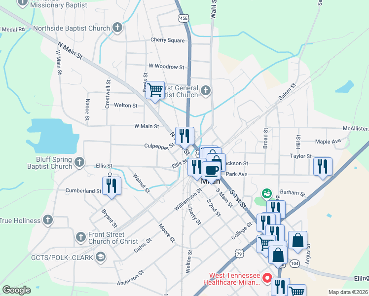 map of restaurants, bars, coffee shops, grocery stores, and more near 1585 North Main Street in Milan