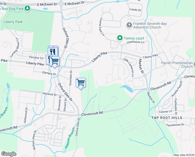 map of restaurants, bars, coffee shops, grocery stores, and more near 4092 Clovercroft Road in Franklin