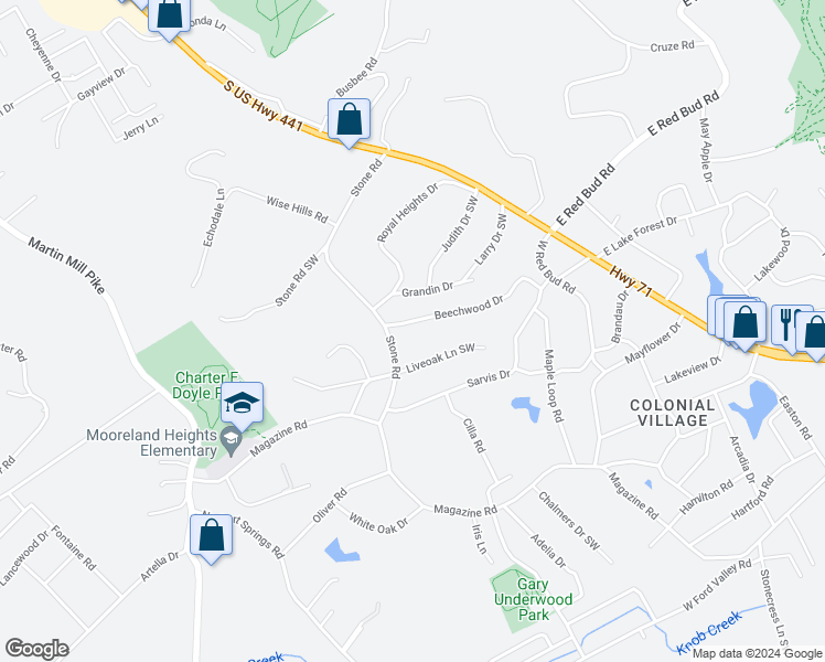 map of restaurants, bars, coffee shops, grocery stores, and more near 320 Beechwood Drive in Knoxville
