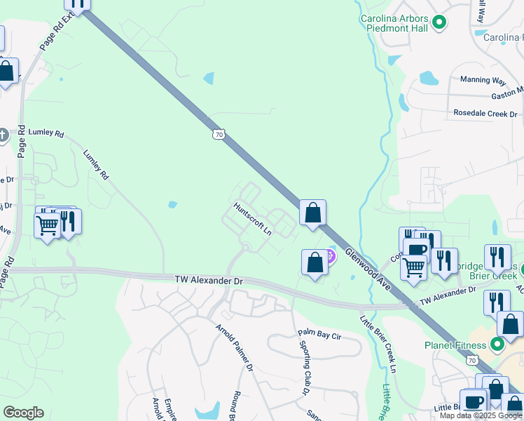 map of restaurants, bars, coffee shops, grocery stores, and more near 2511 Huntscroft Lane in Raleigh