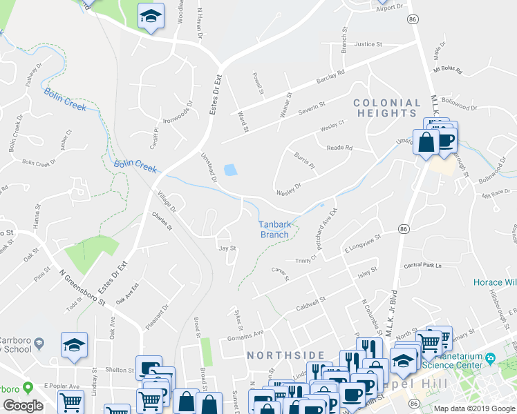 map of restaurants, bars, coffee shops, grocery stores, and more near 373 Umstead Drive in Chapel Hill