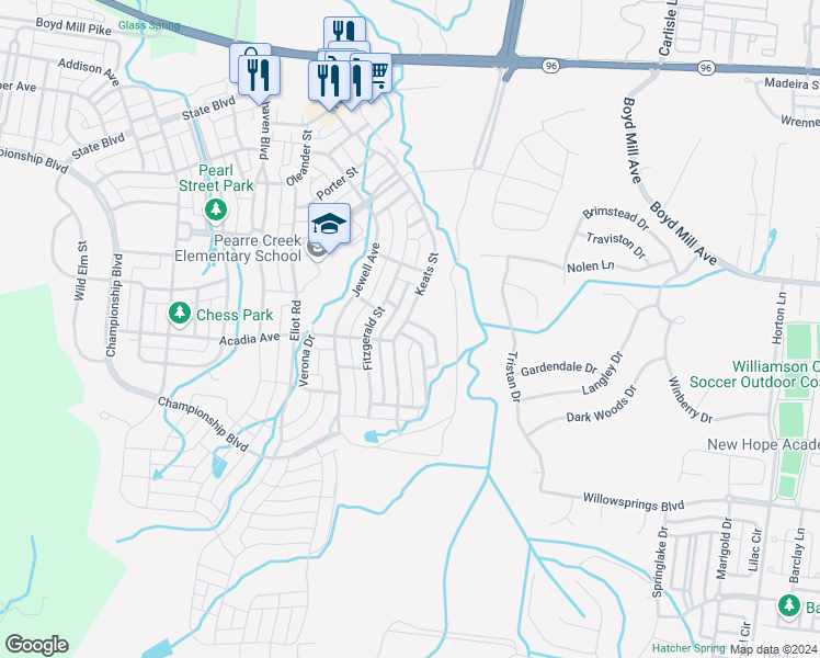 map of restaurants, bars, coffee shops, grocery stores, and more near 9080 Keats Street in Franklin
