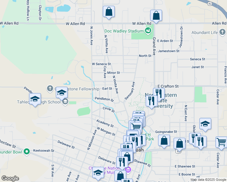 map of restaurants, bars, coffee shops, grocery stores, and more near 721 North Vinita Avenue in Tahlequah