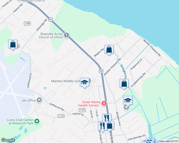 map of restaurants, bars, coffee shops, grocery stores, and more near 107 Juniper Street in Manteo