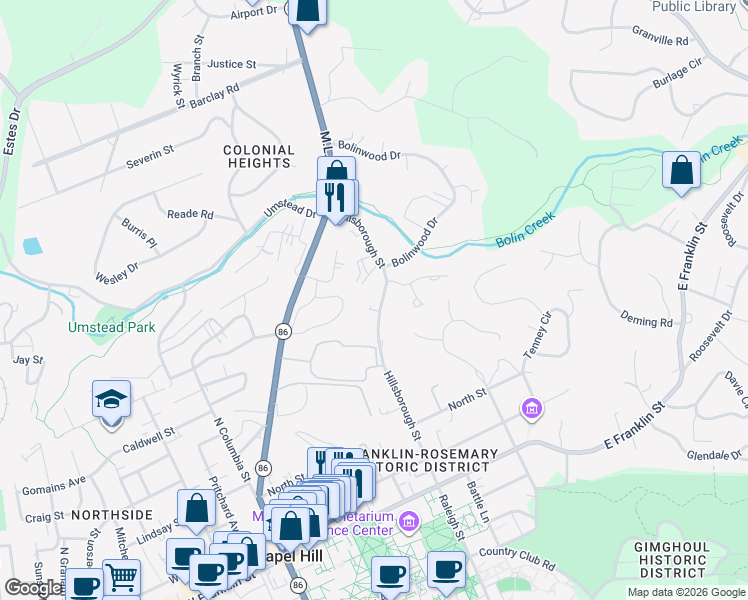 map of restaurants, bars, coffee shops, grocery stores, and more near 523 Hillsborough Street in Chapel Hill