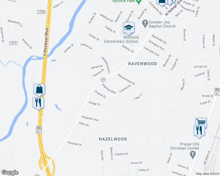 map of restaurants, bars, coffee shops, grocery stores, and more near 716 Starling Way in Rocky Mount