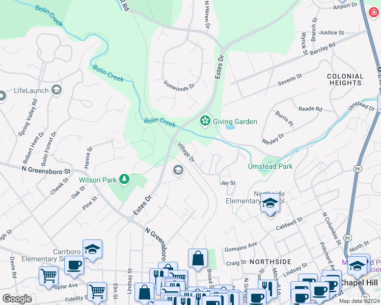 map of restaurants, bars, coffee shops, grocery stores, and more near 403 Fairoaks Circle in Chapel Hill