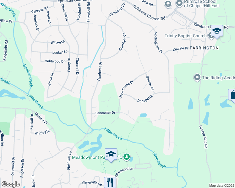 map of restaurants, bars, coffee shops, grocery stores, and more near 101 New Castle Drive in Chapel Hill