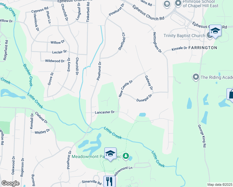 map of restaurants, bars, coffee shops, grocery stores, and more near 101 New Castle Drive in Chapel Hill
