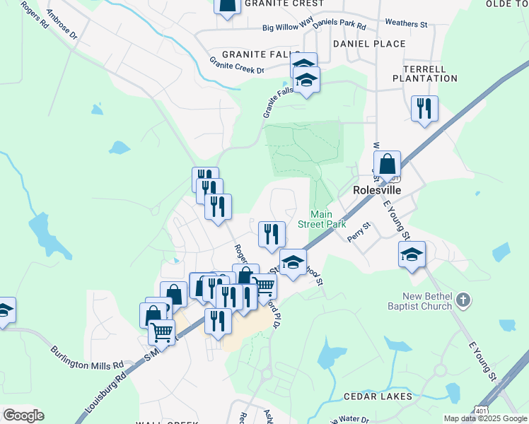 map of restaurants, bars, coffee shops, grocery stores, and more near 406 Brown Circle in Rolesville