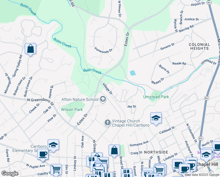 map of restaurants, bars, coffee shops, grocery stores, and more near 403 Fairoaks Circle in Chapel Hill