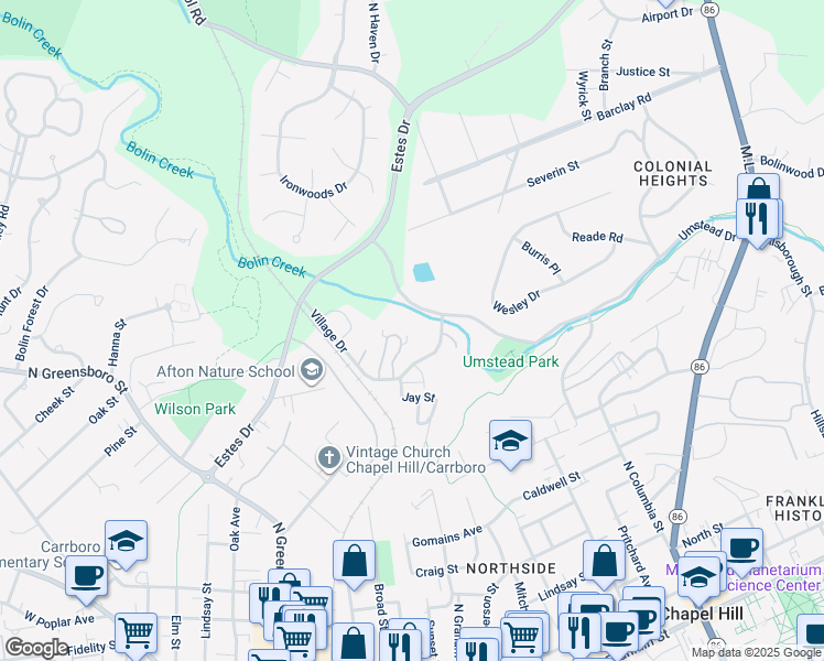 map of restaurants, bars, coffee shops, grocery stores, and more near 142 Ridge Trail in Chapel Hill