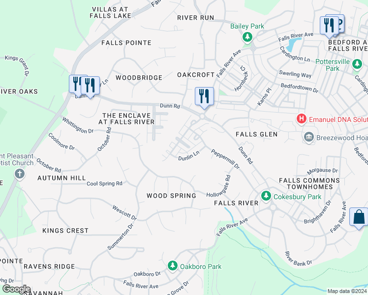 map of restaurants, bars, coffee shops, grocery stores, and more near 10911 Flower Bed Court in Raleigh