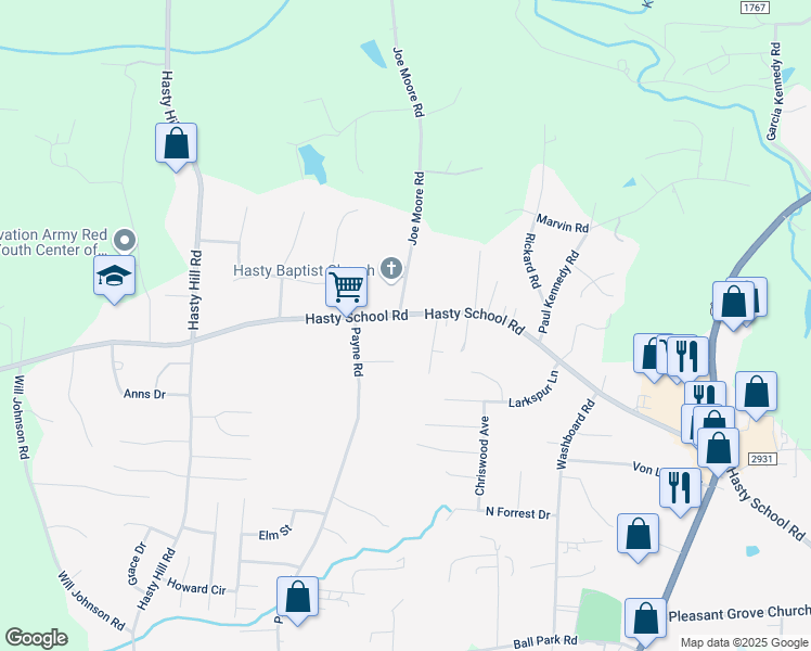 map of restaurants, bars, coffee shops, grocery stores, and more near 510 Hasty School Road in Thomasville