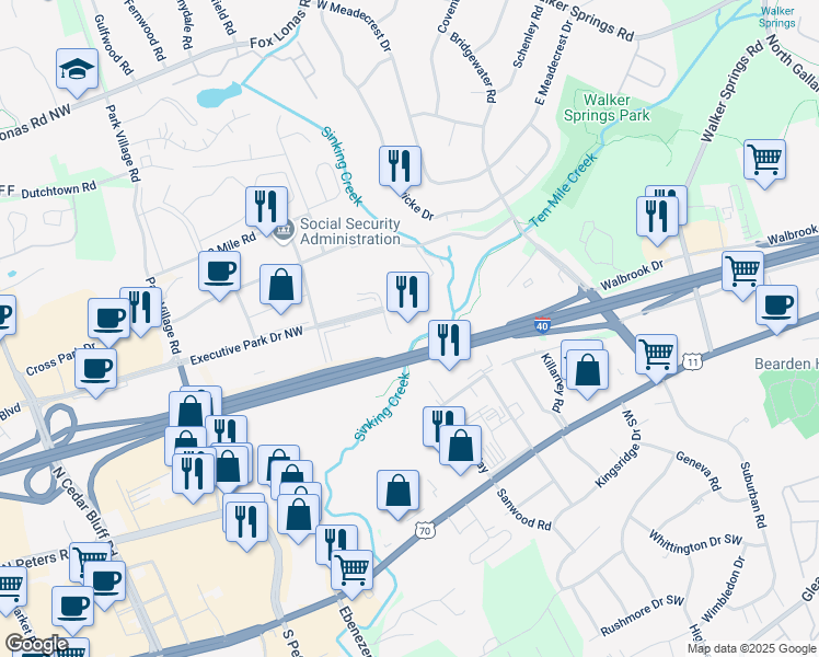 map of restaurants, bars, coffee shops, grocery stores, and more near 200 Prosperity Drive in Knoxville