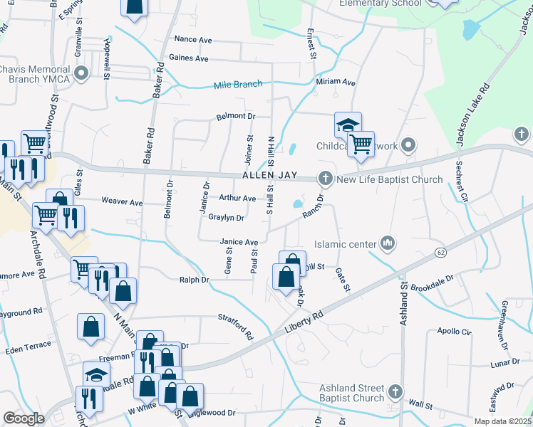 map of restaurants, bars, coffee shops, grocery stores, and more near 122 South Hall Street in High Point